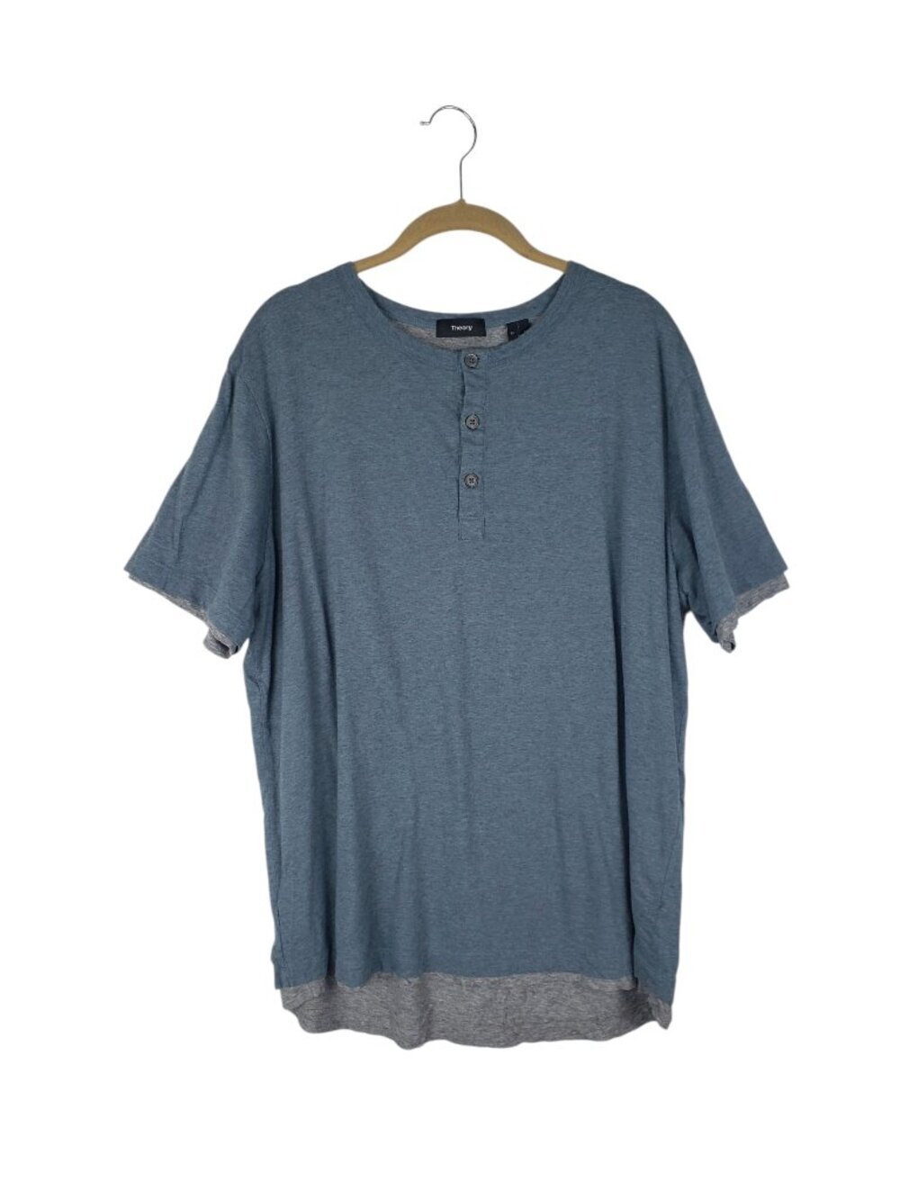 Theory Pima Cotton Double Henley Short Sleeve Shirt Blue Overdyed Jersey Mens XL